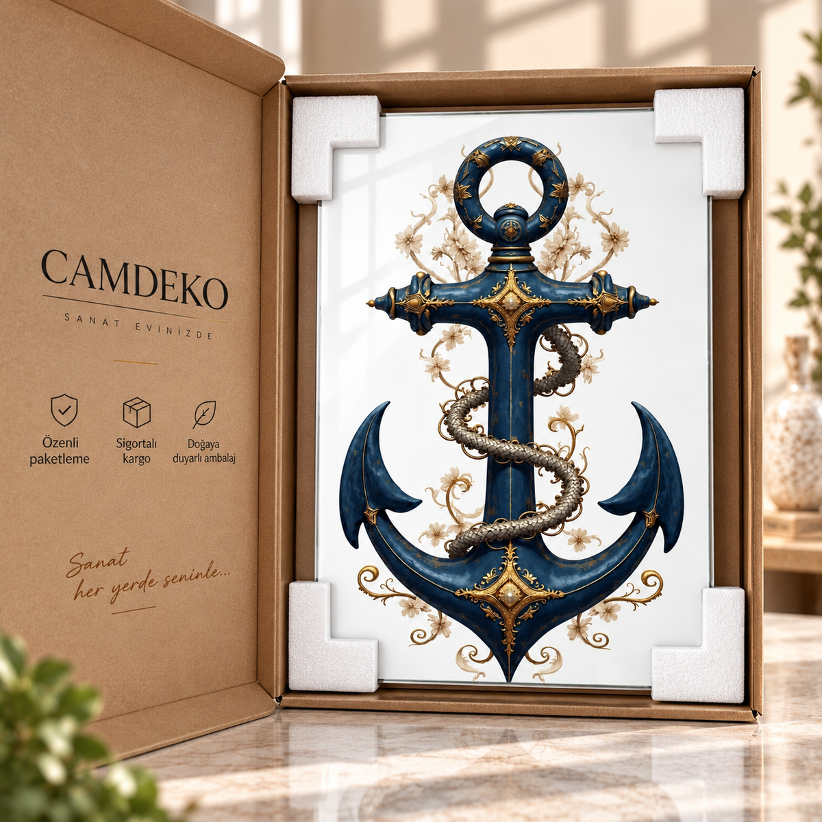 Lacivert gold barok çapa motifli dikey cam tablo CAMDEKO koruyucu paketleme görseli