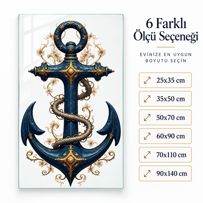 Lacivert gold barok çapa motifli dikey cam tablo ölçü seçenekleri görseli