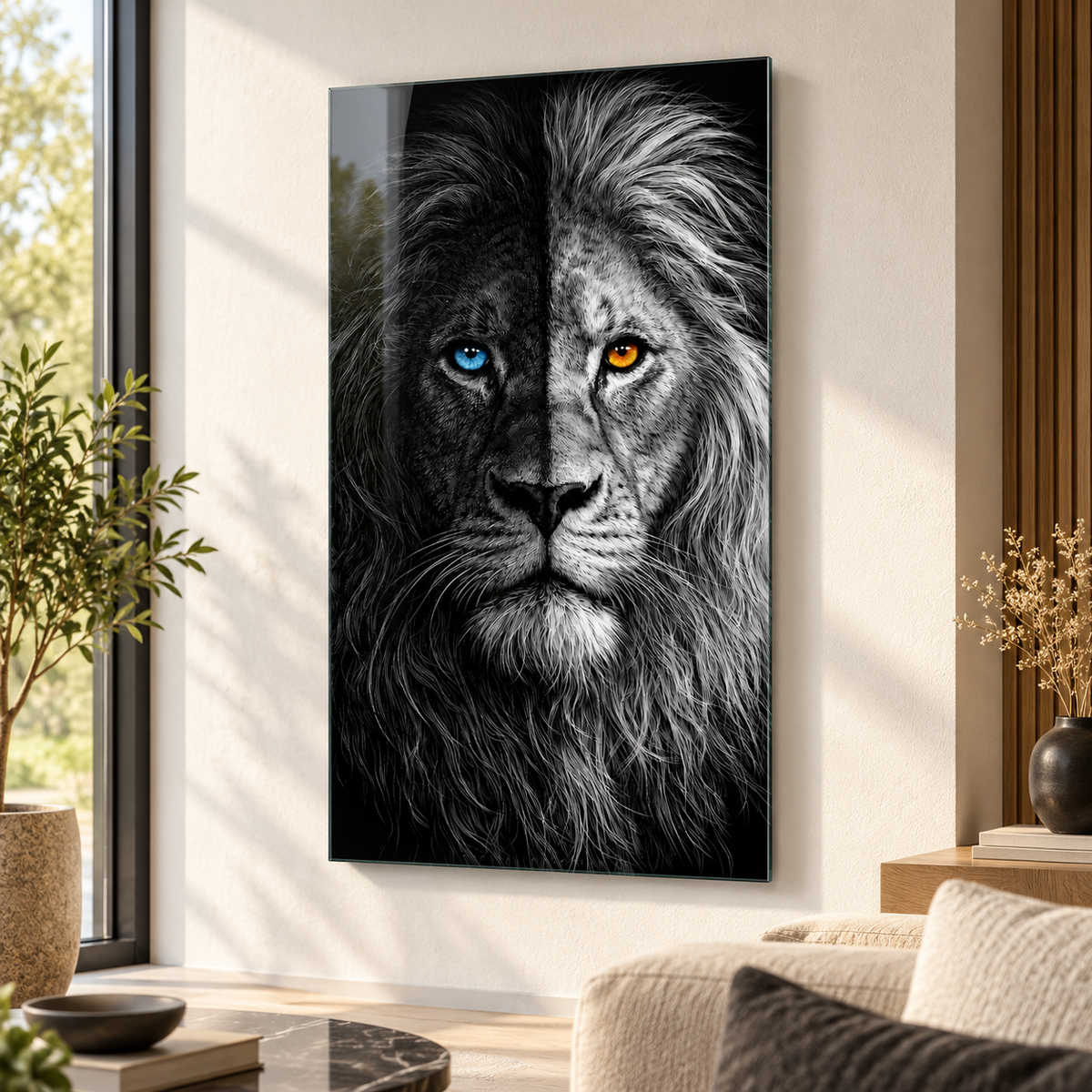 Siyah beyaz çift renk gözlü aslan dikey cam tablo modern salon duvar uygulaması