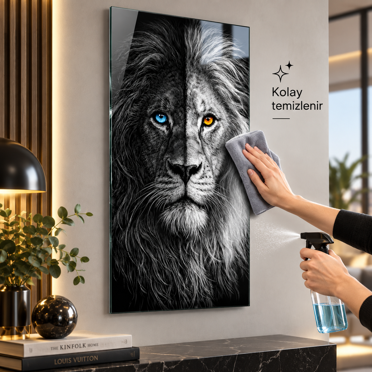 Siyah beyaz çift renk gözlü aslan dikey cam tablo mikrofiber bez ve camsil ile kolay temizlik detayı
