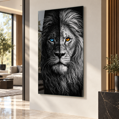 Siyah beyaz çift renk gözlü aslan dikey cam tablo alternatif premium iç mekân dekorasyonu
