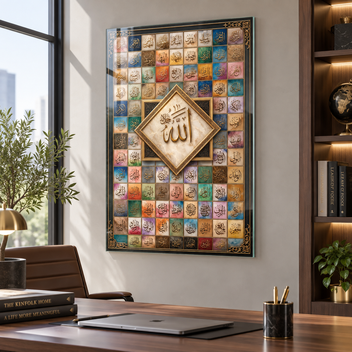 Esmaül Hüsna ve Allah yazılı dikey cam tablo modern ofis ve çalışma alanı uygulaması