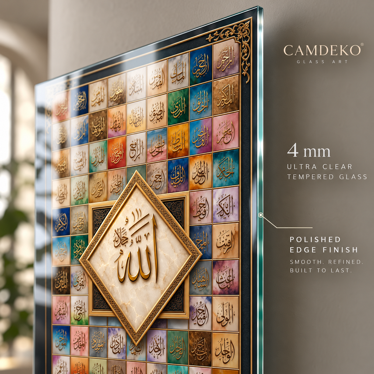 Esmaül Hüsna ve Allah yazılı dikey cam tablo 4 mm Ultra Clear rodajlı cam kenar detayı