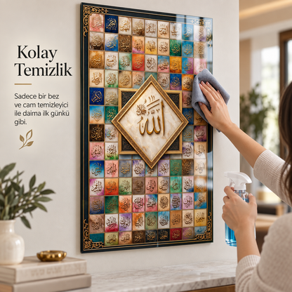 Esmaül Hüsna ve Allah yazılı dikey cam tablo mikrofiber bez ve cam temizleyici ile kolay temizlik detayı