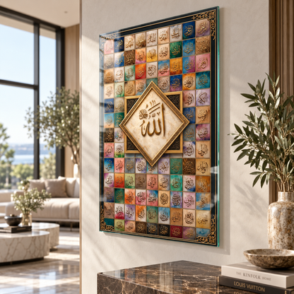 Esmaül Hüsna ve Allah yazılı dikey cam tablo alternatif premium iç mekân dekorasyonu