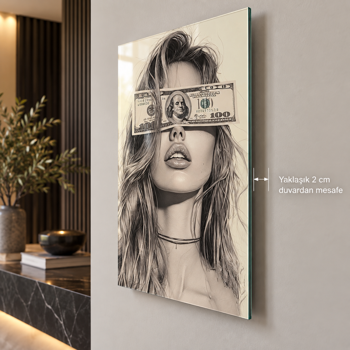 100 dolar gözlü kadın portresi dikey cam tablo yaklaşık 2 cm duvar mesafesi, askı görünmeden