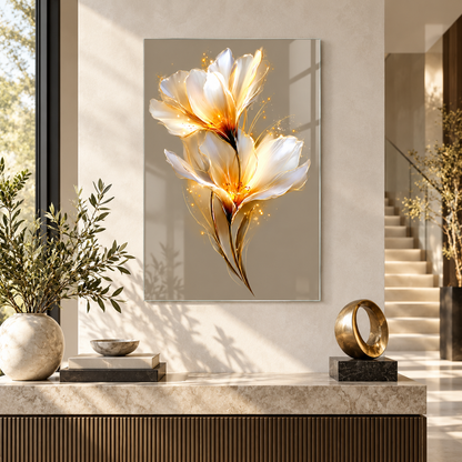Beyaz gold ışıltılı çiçek dikey cam tablo modern antre uygulaması