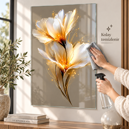 Beyaz gold ışıltılı çiçek dikey cam tablo mikrofiber bez ve cam temizleyici ile kolay temizlik detayı