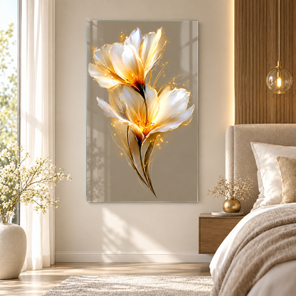 Beyaz gold ışıltılı çiçek dikey cam tablo alternatif premium iç mekân dekorasyonu