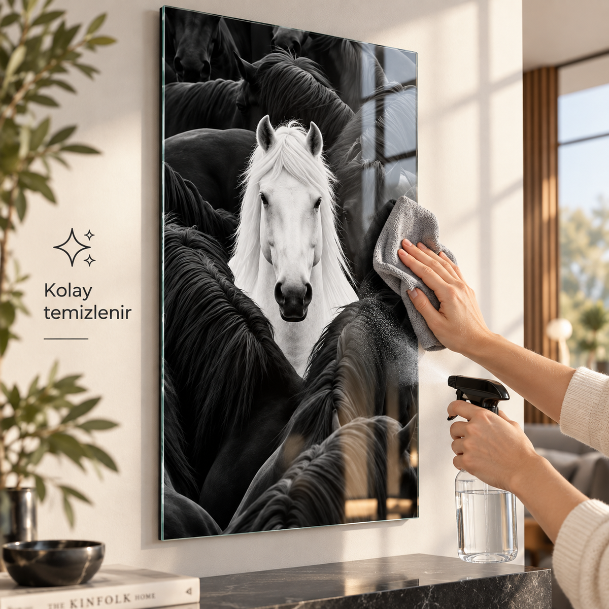 Beyaz at ve siyah atlar temalı dikey cam tablo mikrofiber bez ve cam temizleyici ile kolay temizlik detayı
