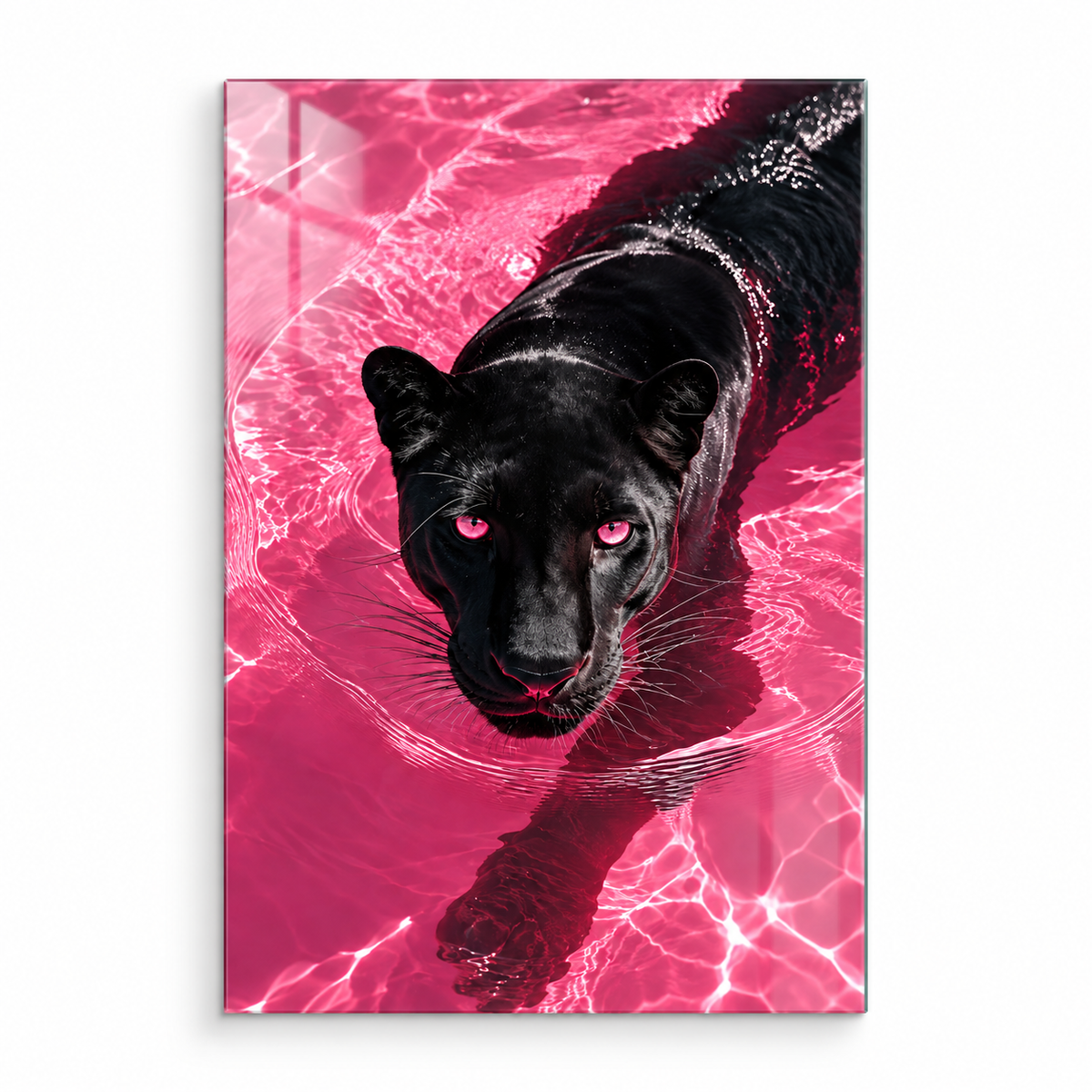 Pembe suda siyah panter dikey cam tablo beyaz zemin vitrin görseli