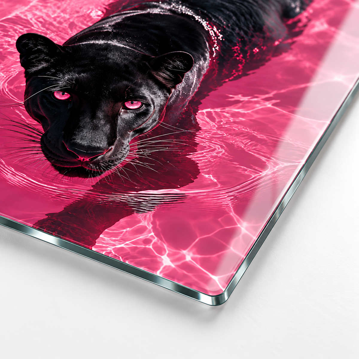 Pembe suda siyah panter dikey cam tablo ince 4 mm cam ve rodajlı kenar detayı