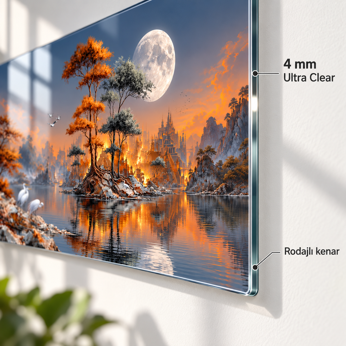 Ay ışığında fantastik göl cam tablo 4 mm Ultra Clear rodajlı kenar detayı