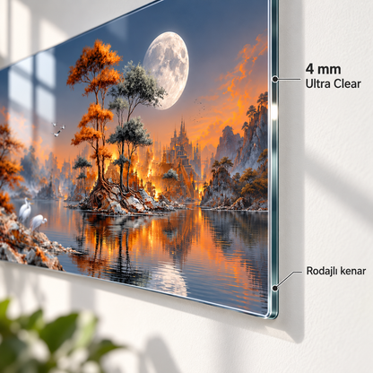 Ay ışığında fantastik göl cam tablo 4 mm Ultra Clear rodajlı kenar detayı