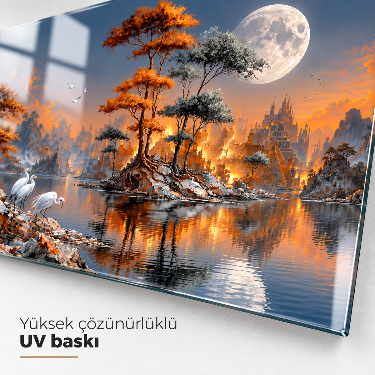 Ay ışığında fantastik göl cam tablo yüksek çözünürlüklü UV baskı detayı