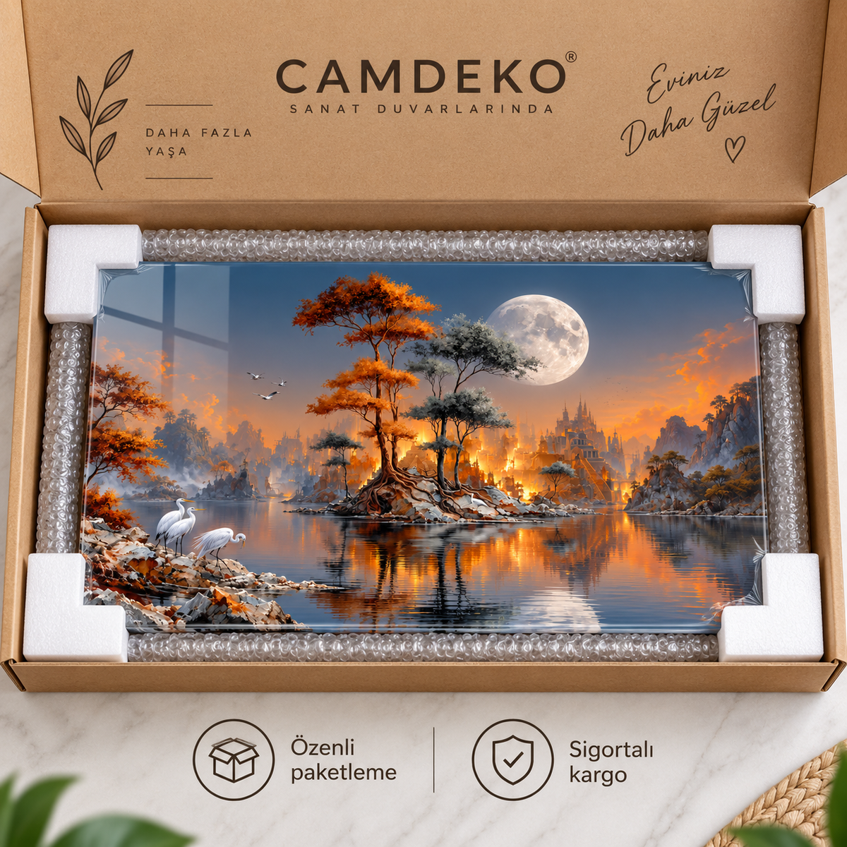 Ay ışığında fantastik göl cam tablo CAMDEKO koruyucu paketleme ve sigortalı kargo