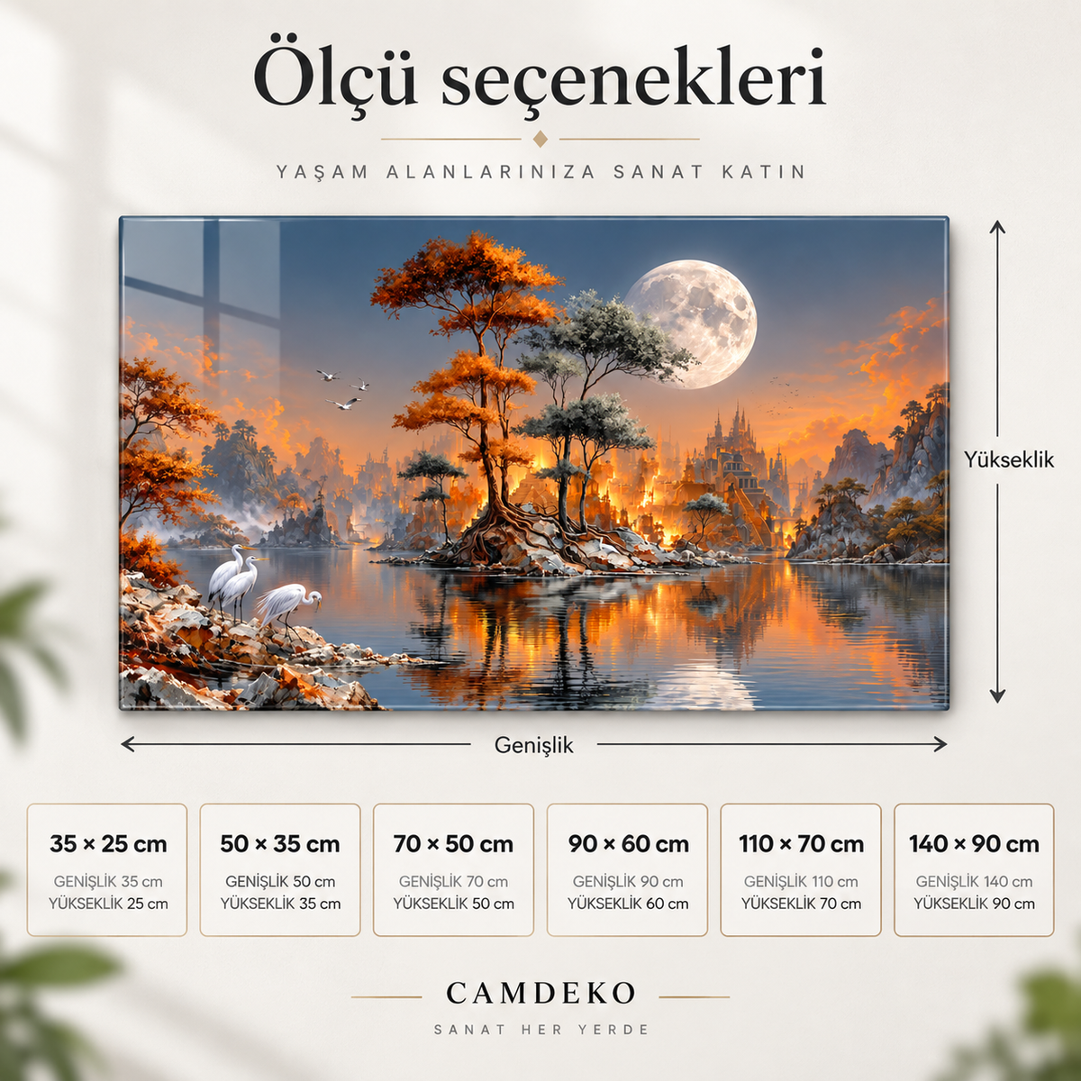 Ay ışığında fantastik göl yatay cam tablo ölçü seçenekleri 35x25 ile 140x90 cm