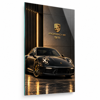 Siyah Porsche 911 gold detaylı dikey cam tablo hafif açılı beyaz zemin vitrin görseli