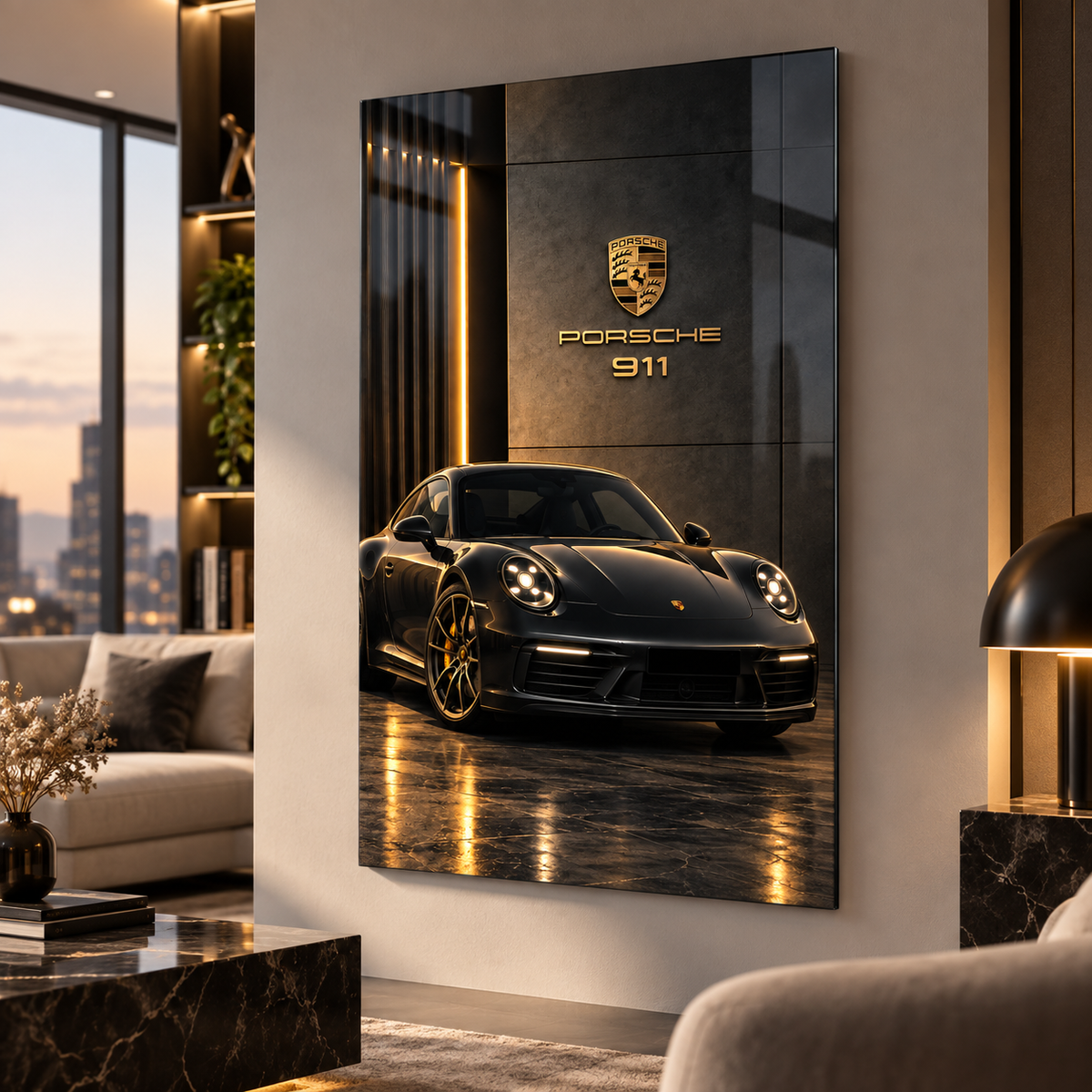 Siyah Porsche 911 gold detaylı dikey cam tablo premium salon duvar uygulaması