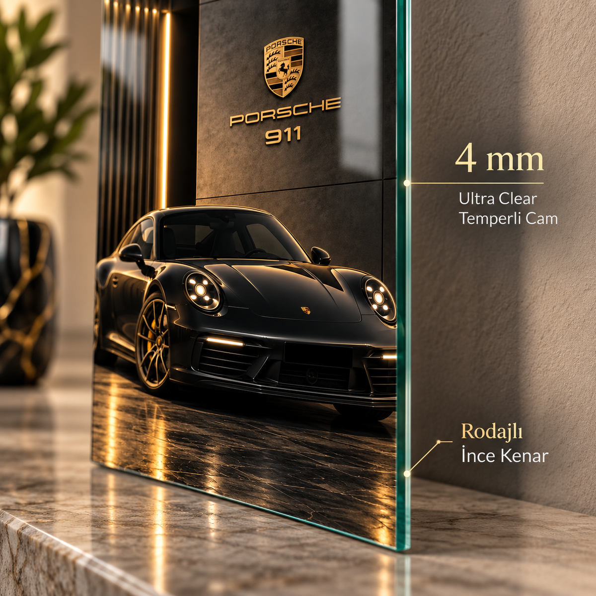 Porsche 911 dikey cam tablo 4 mm Ultra Clear rodajlı ince kenar detayı
