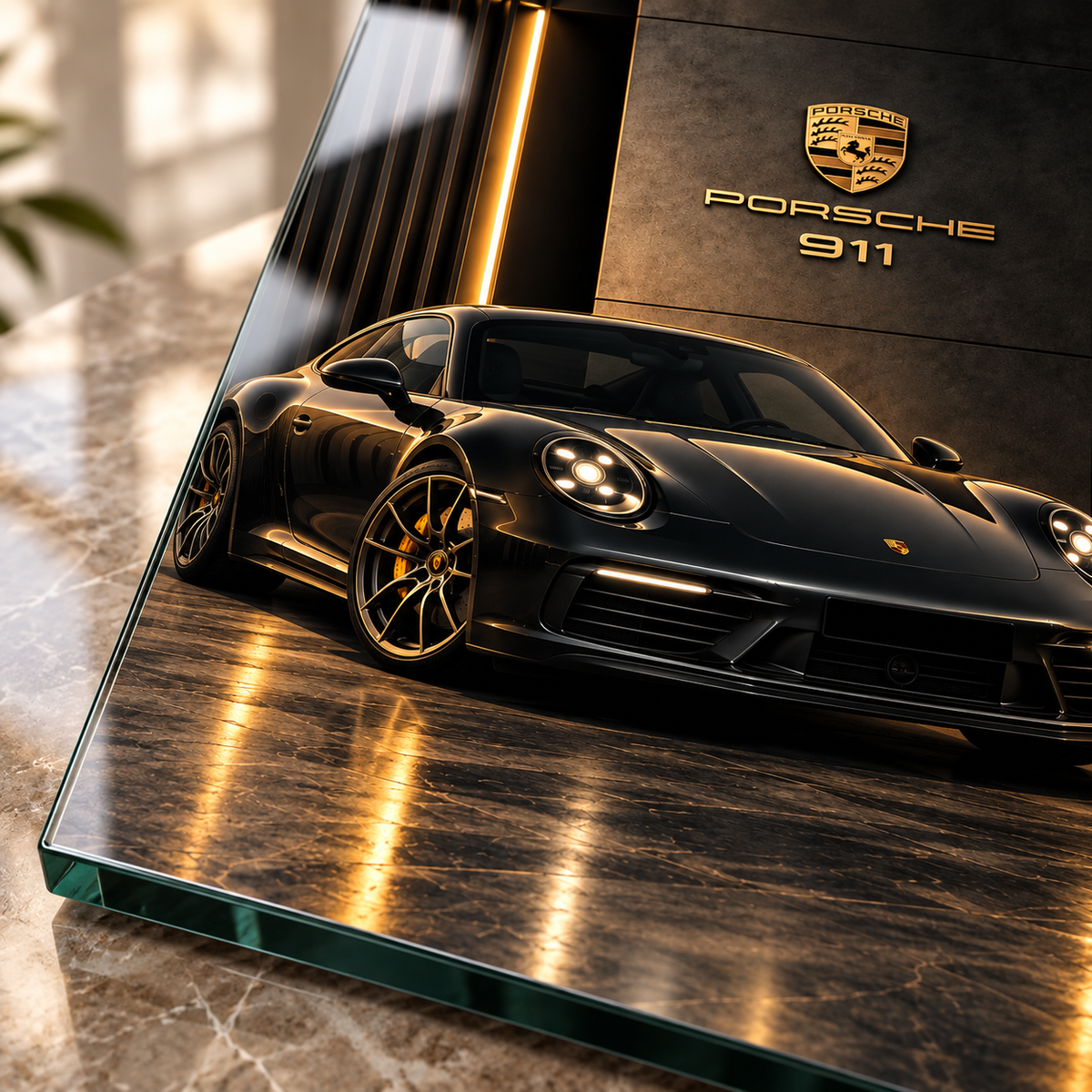 Porsche 911 dikey cam tablo yüksek çözünürlüklü UV baskı ve cam yüzey detayı