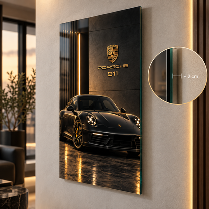 Porsche 911 dikey cam tablo yaklaşık 2 cm yüzer duvar görünümü