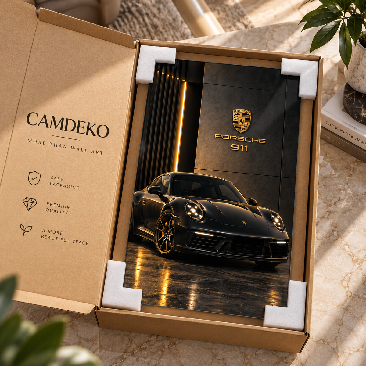 Porsche 911 dikey cam tablo CAMDEKO koruyucu paketleme ve sigortalı kargo