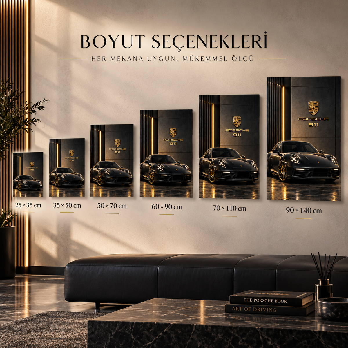 Porsche 911 dikey cam tablo ölçü seçenekleri 25x35 ile 90x140 cm