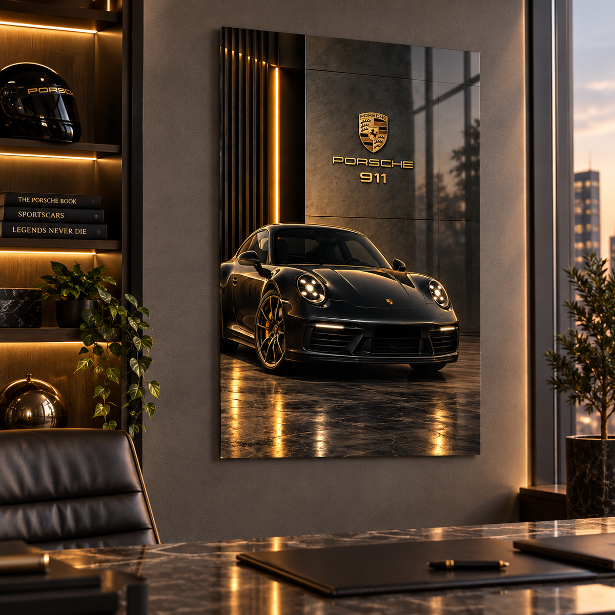 Siyah Porsche 911 gold detaylı dikey cam tablo premium ofis duvar uygulaması