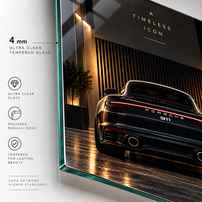 Porsche 911 A Timeless Icon cam tablo 4 mm Ultra Clear rodajlı ince kenar detayı