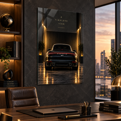 Porsche 911 A Timeless Icon dikey cam tablo premium ofis duvar uygulaması