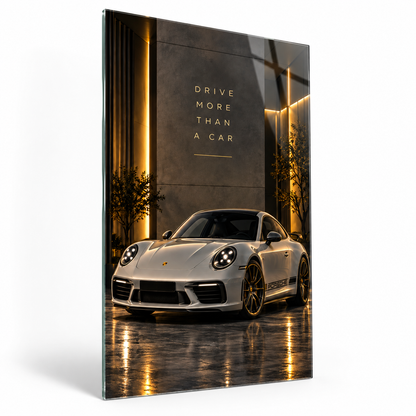 Beyaz Porsche 911 Drive More Than a Car dikey cam tablo hafif açılı beyaz zemin vitrin görseli