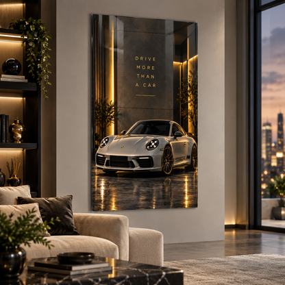 Beyaz Porsche 911 Drive More Than a Car dikey cam tablo premium salon duvar uygulaması
