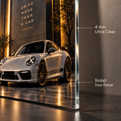 Beyaz Porsche 911 cam tablo 4 mm Ultra Clear rodajlı ince kenar detayı