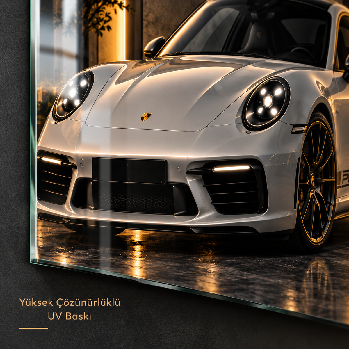 Beyaz Porsche 911 cam tablo yüksek çözünürlüklü UV baskı detayı