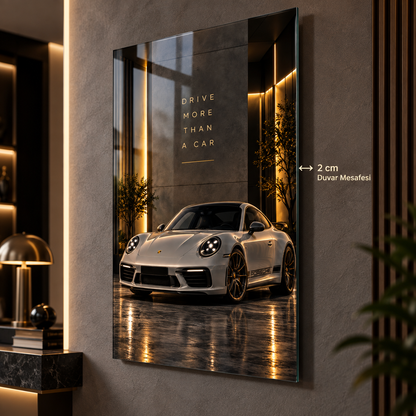 Beyaz Porsche 911 cam tablo yaklaşık 2 cm yüzer duvar görünümü
