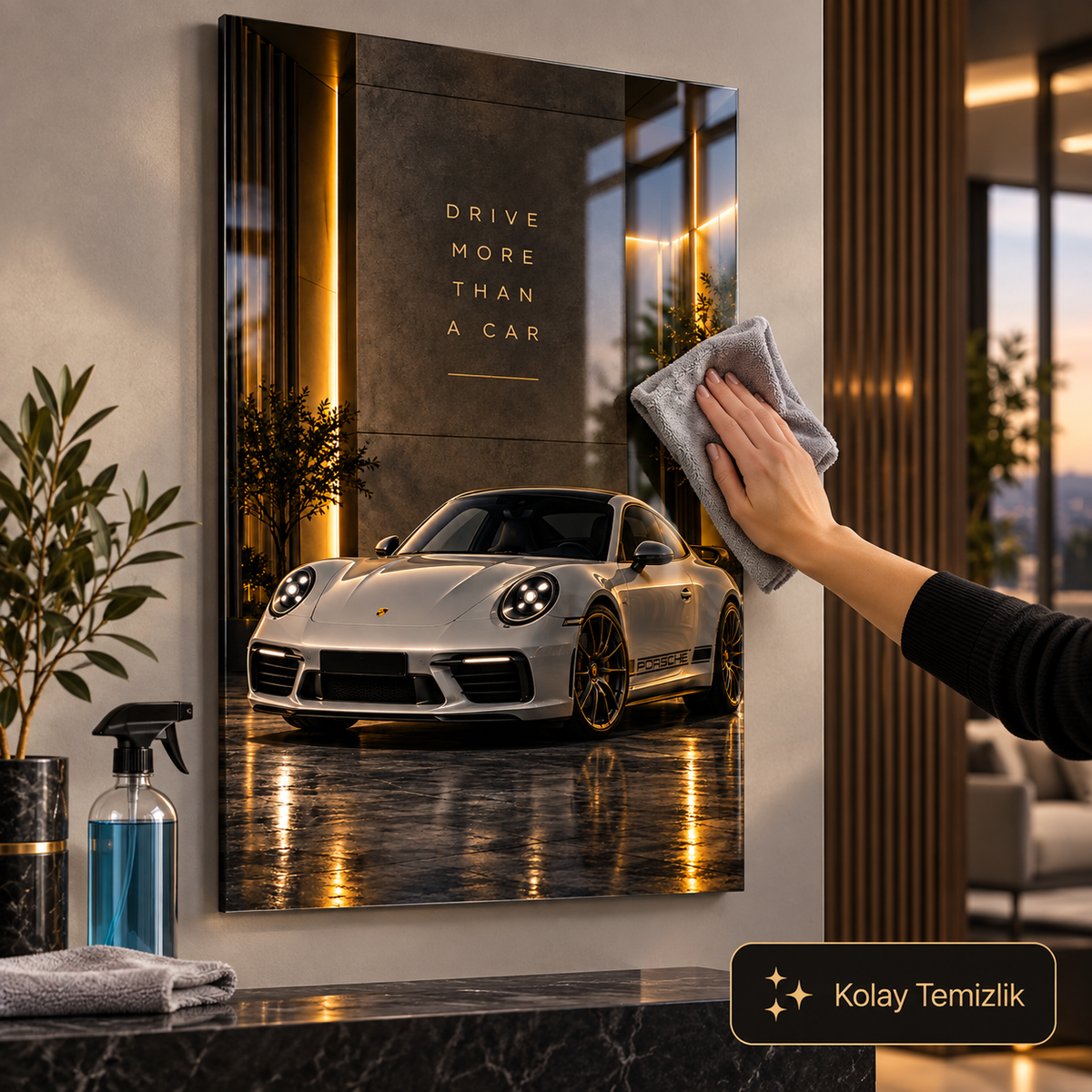 Beyaz Porsche 911 cam tablo mikrofiber bez ile kolay temizlik görseli