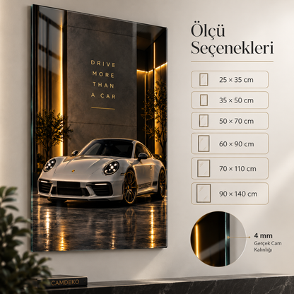 Beyaz Porsche 911 dikey cam tablo ölçü seçenekleri 25x35 ile 90x140 cm