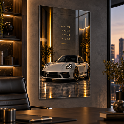 Beyaz Porsche 911 Drive More Than a Car dikey cam tablo premium ofis duvar uygulaması