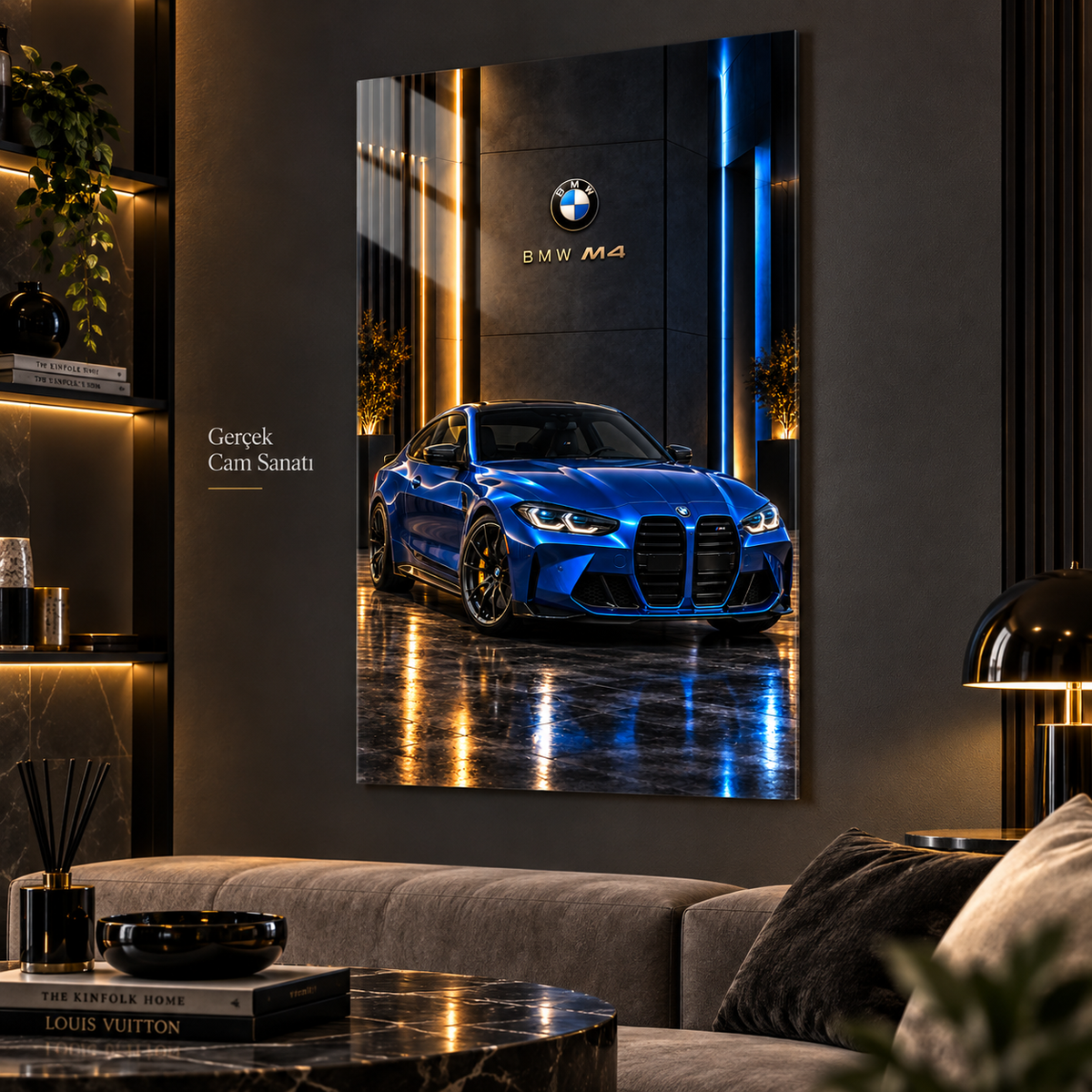 Mavi BMW M4 dikey cam tablo premium salon duvar uygulaması