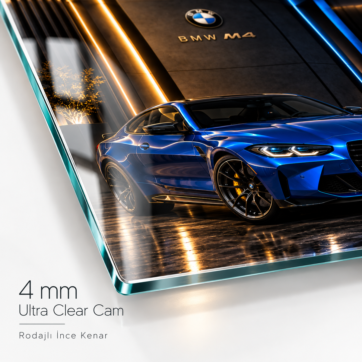 Mavi BMW M4 cam tablo 4 mm Ultra Clear rodajlı ince kenar detayı