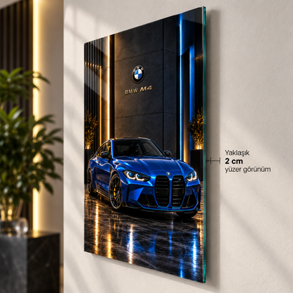 Mavi BMW M4 cam tablo yaklaşık 2 cm yüzer duvar görünümü