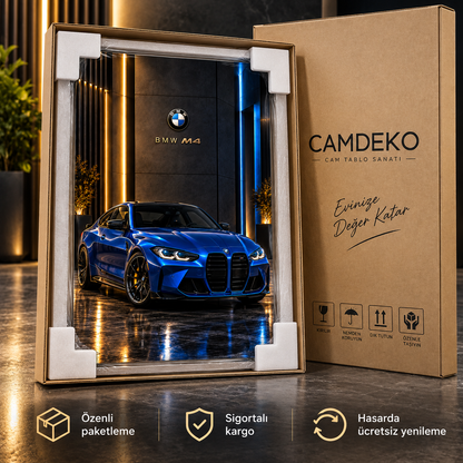Mavi BMW M4 cam tablo CAMDEKO koruyucu paketleme ve sigortalı kargo