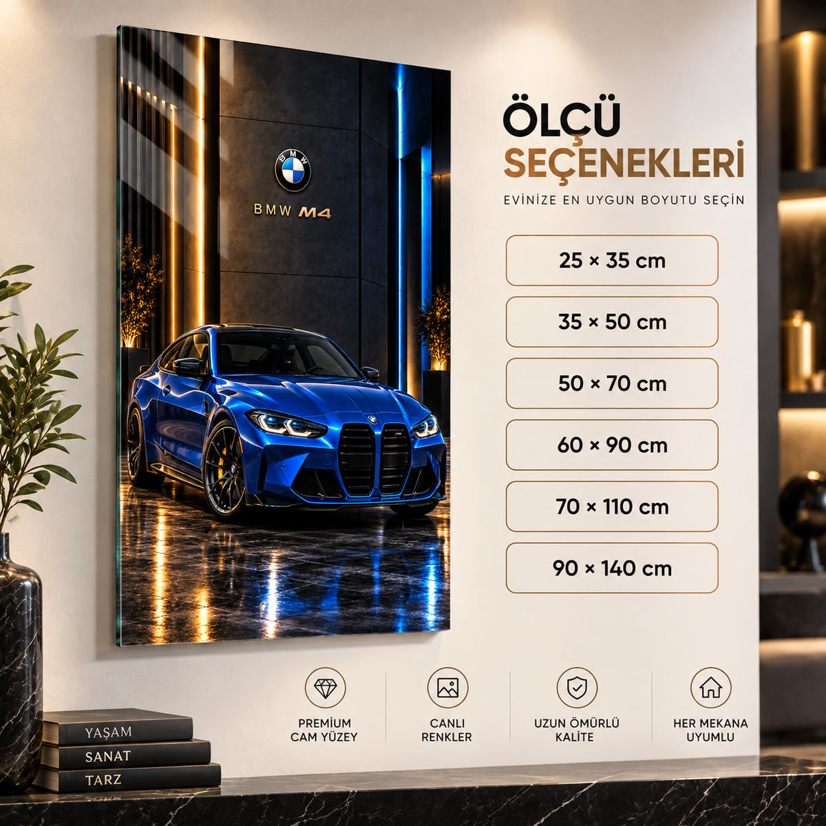 Mavi BMW M4 dikey cam tablo ölçü seçenekleri 25x35 ile 90x140 cm