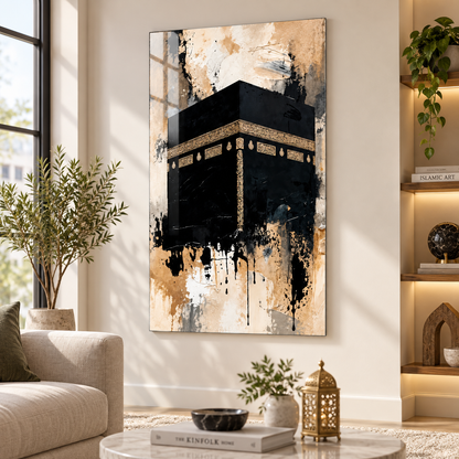 Soyut Kâbe siyah gold dikey cam tablo premium salon duvar uygulaması