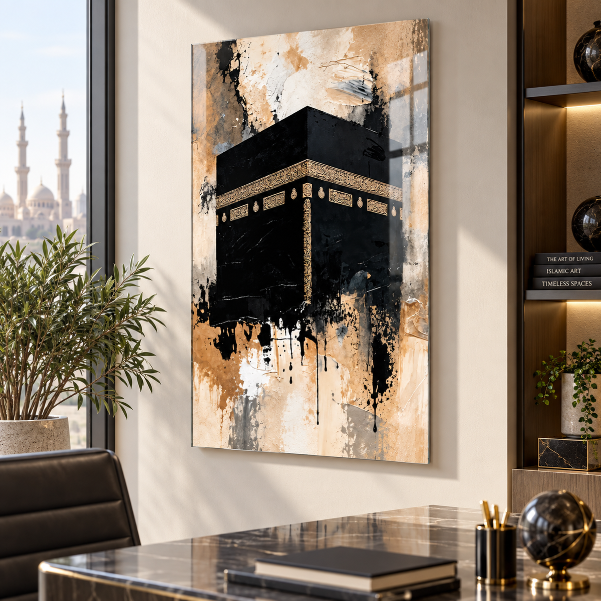 Soyut Kâbe siyah gold dikey cam tablo premium ofis duvar uygulaması