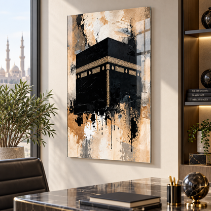 Soyut Kâbe siyah gold dikey cam tablo premium ofis duvar uygulaması