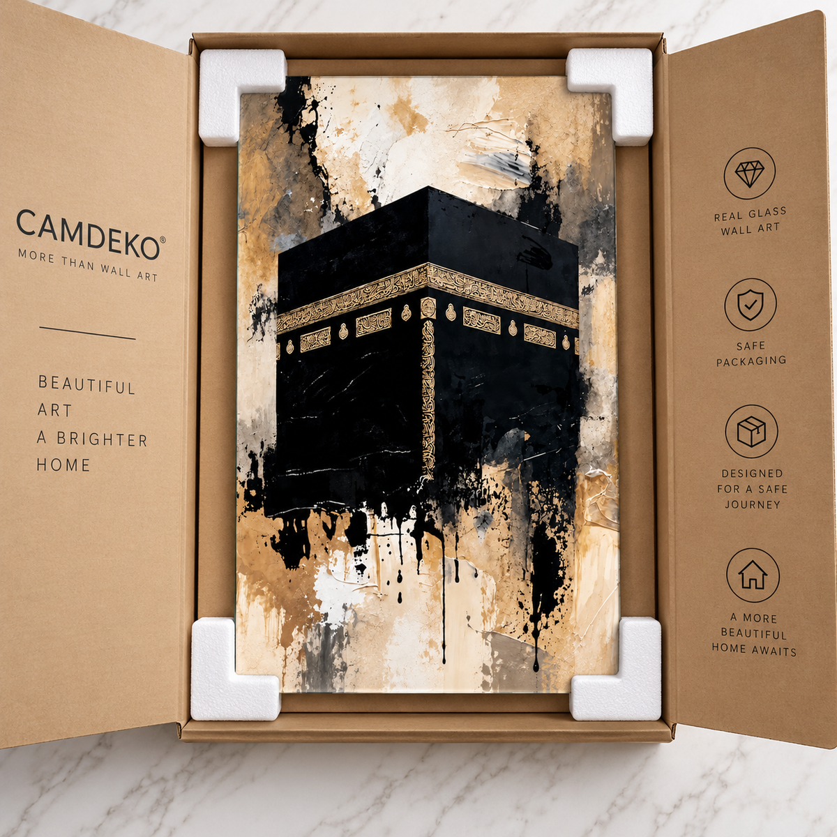 Soyut Kâbe dikey cam tablo CAMDEKO koruyucu paketleme sigortalı kargo ve hasarda ücretsiz yenileme