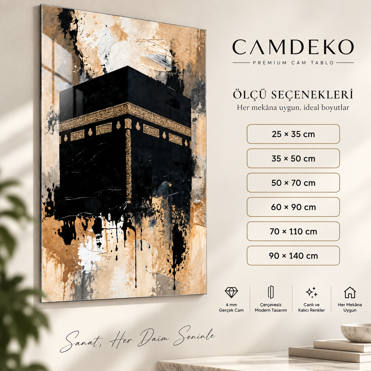 Soyut Kâbe dikey cam tablo ölçü seçenekleri 25x35 ile 90x140 cm