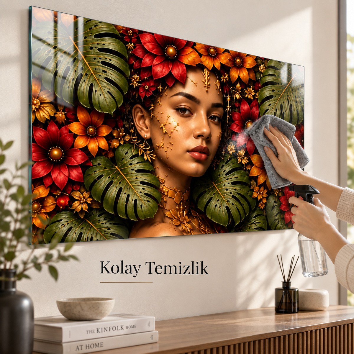 Tropikal çiçekler kadın portresi yatay cam tablo mikrofiber bez ve cam temizleyici ile kolay temizlik görseli